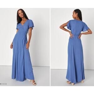 Lulus Dress Women Size M Heart of Marigold Denim Blue Wrap Maxi Short Sleeve NEW